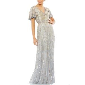 Mac Duggal Sequined Short Sleeve A-Line Evening Gown Silver Size 6 Formal Dress